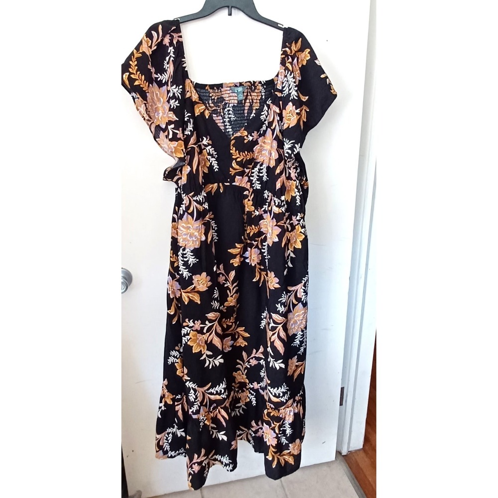 Women 4X 28W-30W Black Floral Smocked Maxi Dress Coastal‎ Cowgirl Cottagecore